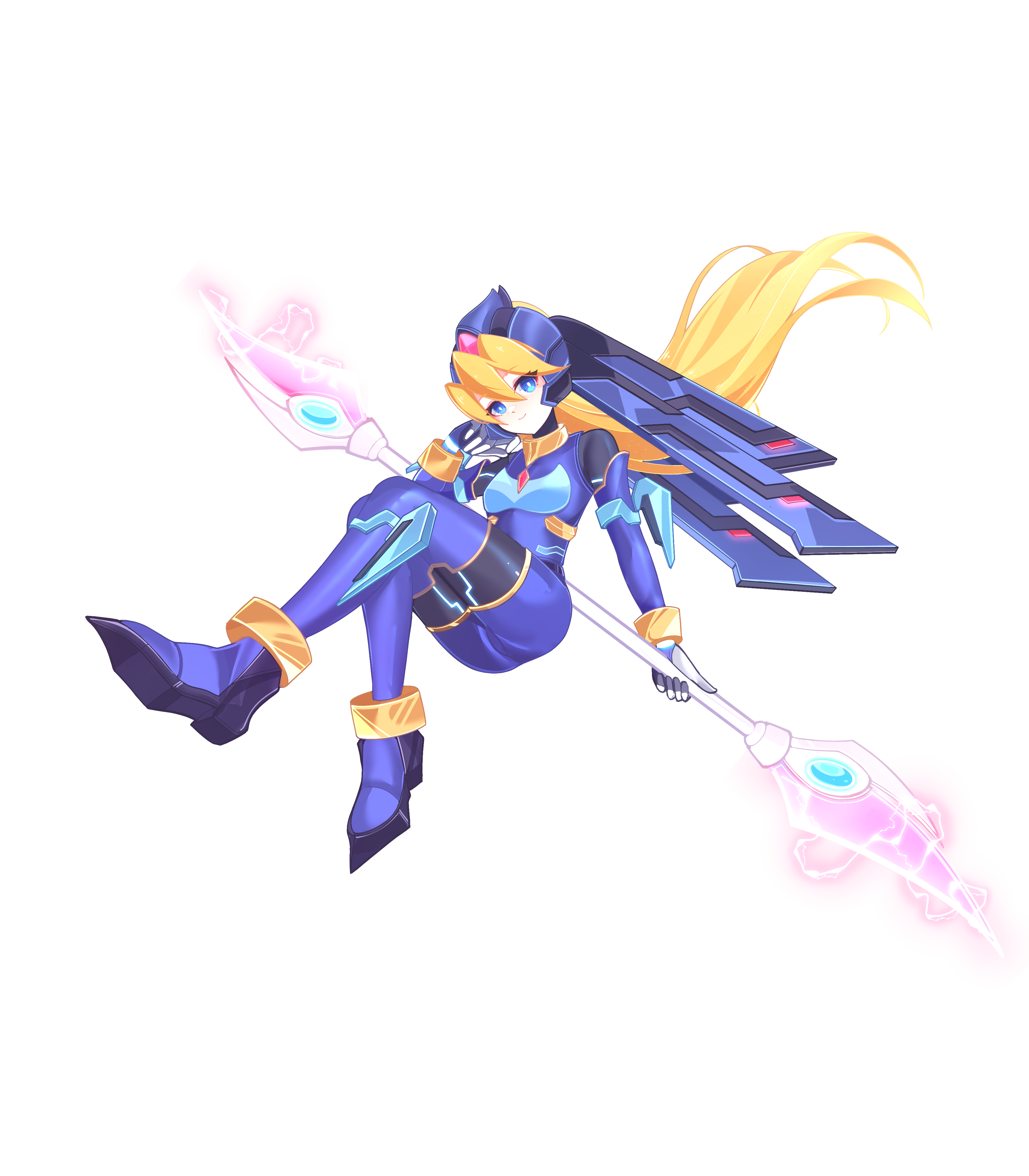 1girl absurdres aizeis alternate_costume alternate_hairstyle armor beam_weapon belt blonde_hair blue_eyes bodystocking boots breasts chest_jewel ciel_(mega_man) commission commissioner_upload crossed_legs elbow_gloves energy_blade eyelashes full_body gloves glowing glowing_lines glowing_markings helmet highres holding holding_polearm holding_weapon long_hair looking_at_viewer mechanical_ears mega_man_(series) mega_man_zero_(series) mega_man_zx model_l_(mega_man) non-web_source petite polearm ponytail shorts small_breasts thigh_boots transparent_background weapon