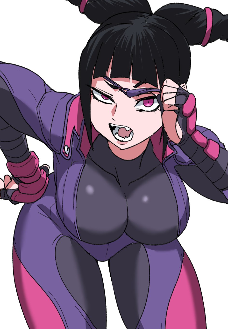 1girl bent_over black_hair breasts fingerless_gloves gloves han_juri hand_on_own_hip highres holding_eyepatch jumpsuit looking_at_viewer nasu_(ilo_a5) purple_eyes purple_jumpsuit raised_eyebrow street_fighter street_fighter_v