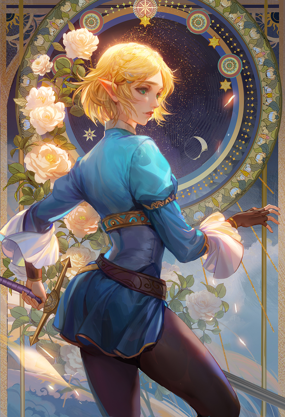 1girl ass black_pants blonde_hair blue_shirt braid breasts cowboy_shot crescent_moon fan_yang_(jiuge) fingerless_gloves flower from_behind gloves green_eyes hair_ornament hairclip highres holding holding_sword holding_weapon juliet_sleeves long_sleeves medium_breasts moon nintendo pants parted_bangs parted_lips pointy_ears princess_zelda puffy_sleeves rose shirt short_hair side_braids sidelocks single_fingerless_glove solo standing sword the_legend_of_zelda the_legend_of_zelda:_breath_of_the_wild the_legend_of_zelda:_tears_of_the_kingdom weapon white_flower white_rose