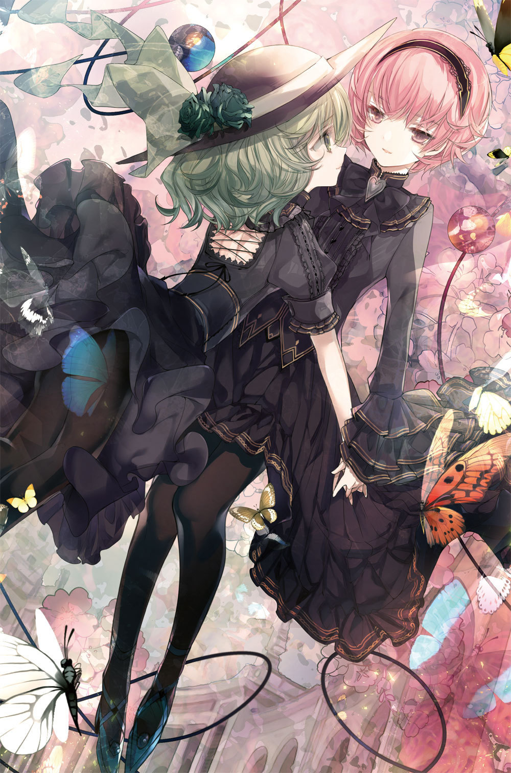 2girls album_cover alternate_costume arch back_cutout bad_id bad_twitter_id black_dress black_hairband black_headwear black_pantyhose black_ribbon blue_butterfly blue_footwear blush bow bug butterfly buttons cierra_(ra-bit) closed_mouth clothing_cutout collared_dress commentary cover dress flower frilled_shirt_collar frilled_sleeves frills green_bow green_eyes green_flower green_hair green_rose hairband hat hat_bow hat_flower heart_button high_collar high_heels highres holding_hands insect interlocked_fingers komeiji_koishi komeiji_satori long_sleeves looking_at_another medium_hair multiple_girls orange_butterfly pantyhose parted_lips pink_eyes pink_flower pink_hair puffy_short_sleeves puffy_sleeves ribbon rose short_hair short_sleeves siblings sisters smile third_eye touhou white_butterfly yellow_butterfly