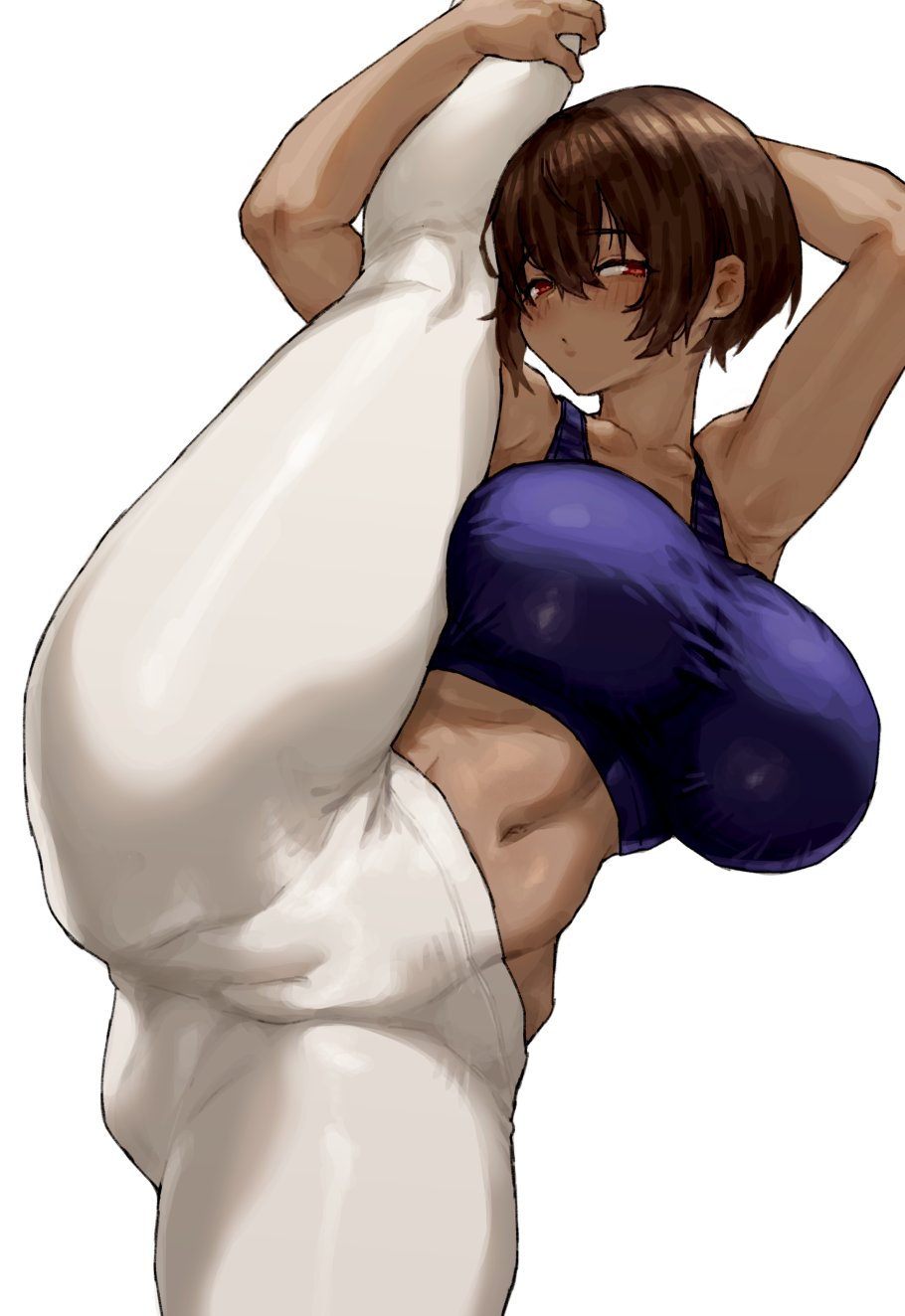 1girl armpits axe_kick breasts brown_hair cameltoe dark-skinned_female dark_skin flexible hand_on_own_leg high_kick highres holding_leg kei_(m_k) kicking kneepits large_breasts leg_hold leg_lift leg_up looking_at_viewer m_k navel original red_eyes short_hair simple_background solo split standing standing_on_one_leg standing_split tall_female tan thighs tomboy white_background