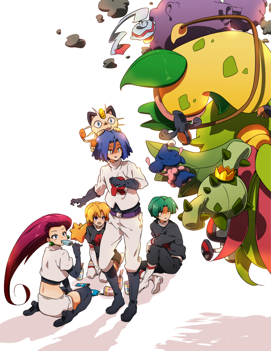2boys 2girls amoonguss black_gloves blonde_hair blue_hair boots butch_(pokemon) cacnea carnivine cassidy_(pokemon) chimecho food food_in_mouth gen_1_pokemon gen_3_pokemon gen_4_pokemon gen_5_pokemon gloves green_hair holding holding_food holding_popsicle james_(pokemon) jessie_(pokemon) kapirusu meowth multiple_boys multiple_girls nintendo pokemon pokemon_(anime) pokemon_(creature) pokemon_dppt_(anime) popsicle popsicle_in_mouth red_hair team_rocket team_rocket_uniform victreebel white_background yamask