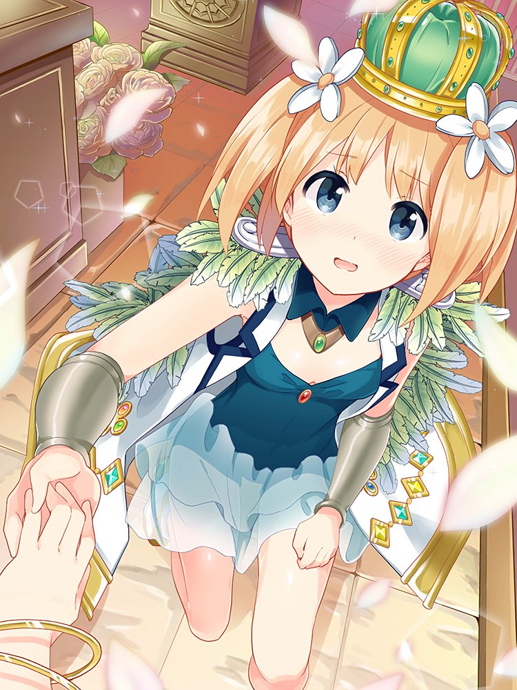 blonde_hair blush crown falling_petals female_pov flower hair_flower hair_ornament holding_hands petals pov sakura_trick second-party_source see-through_clothes see-through_skirt skirt sonoda_yuu squatting tachi_(gutsutoma) thighs twintails