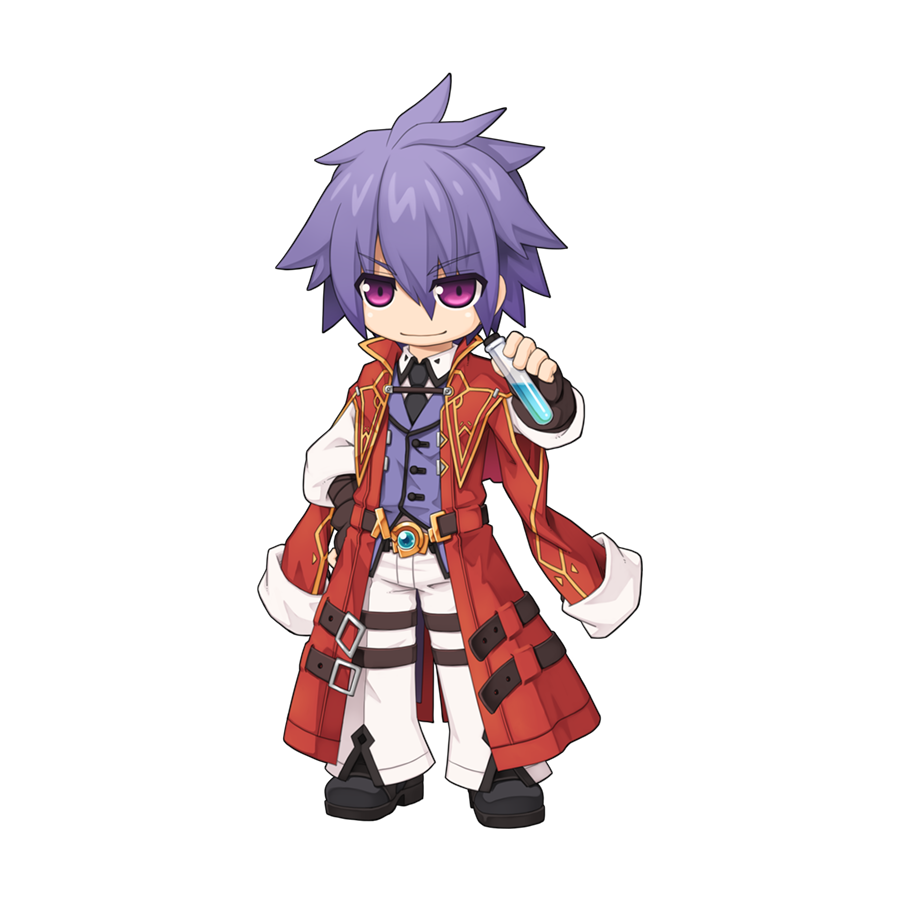 1boy biolo_(ragnarok_online) black_gloves black_necktie black_shoes chibi closed_mouth coat collared_shirt fingerless_gloves full_body gloves hair_between_eyes hand_on_own_hip high_collar holding holding_vial long_bangs long_sleeves looking_at_viewer male_focus necktie official_art open_clothes open_coat pants potion pouch purple_eyes purple_hair purple_vest ragnarok_online red_coat shirt shoes short_hair simple_background smile solo standing tachi-e thigh_pouch transparent_background v-shaped_eyebrows vest vial white_pants white_shirt yuichirou