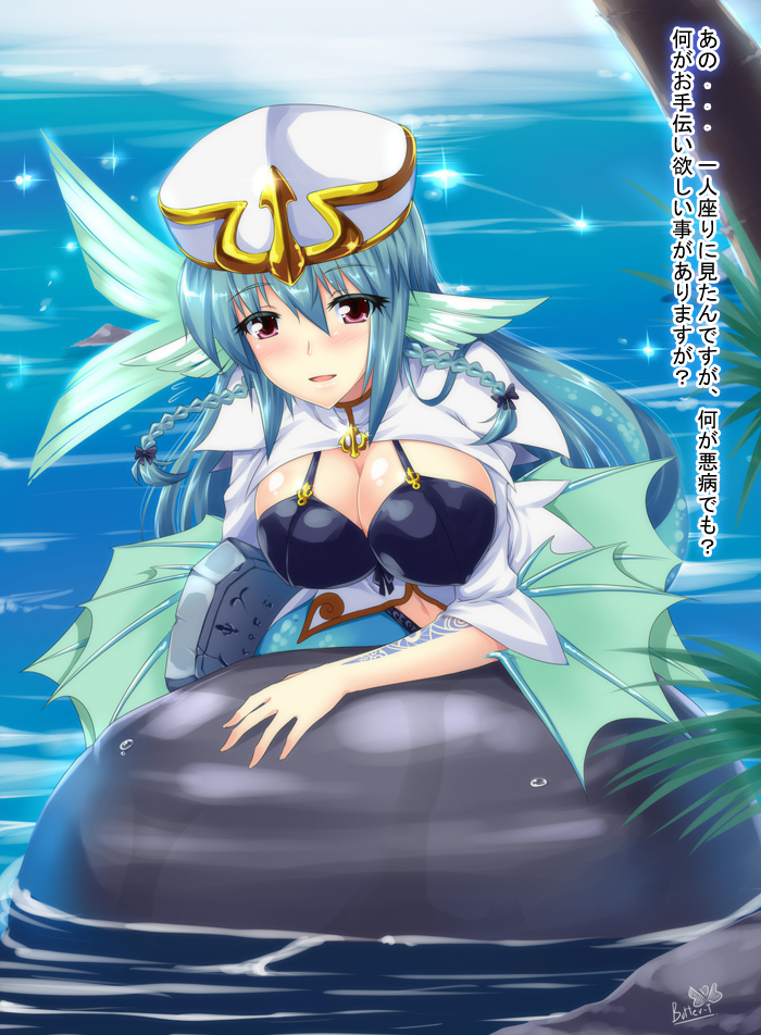 1girl animal_ears aqua_hair blue_hair blush braid breasts butter-t center_opening cleavage fins hat head_fins large_breasts light_smile markings mermaid monster_girl monster_girl_encyclopedia ocean parted_lips red_eyes rock sea_bishop shiny_skin stone_tablet translated tree twin_braids water
