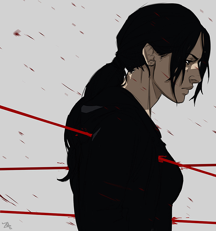 1girl black_hair blood closed_mouth commentary english_commentary long_sleeves looking_ahead person_of_interest ponytail profile sameen_shaw_(person_of_interest) sidelocks signature simple_background solo upper_body zhe-end
