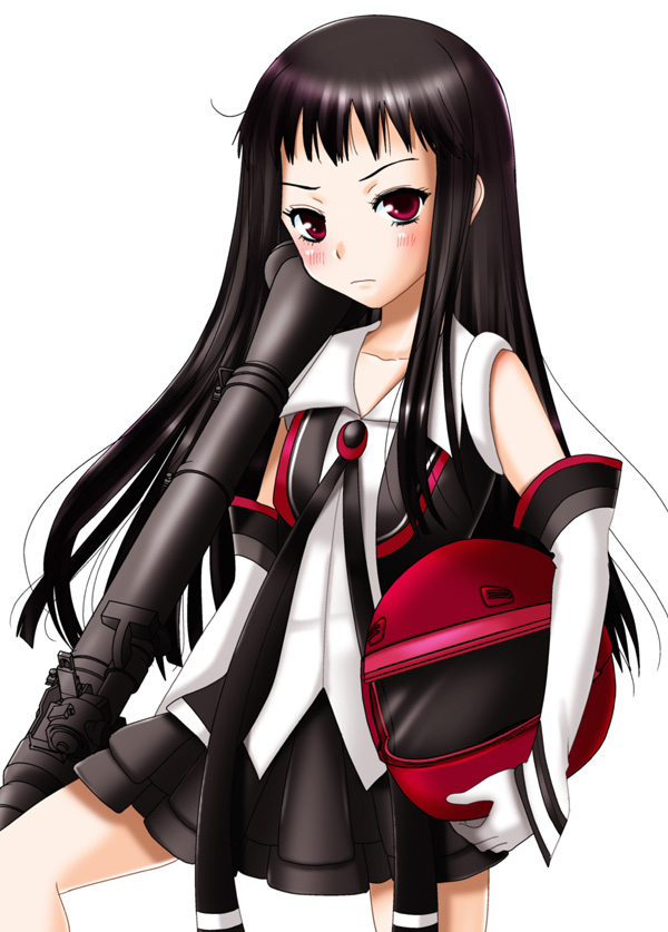 1girl ar_tonelico ar_tonelico_ii black_hair blush child elbow_gloves female_focus gloves helmet inumori_sayaka jakuri_(ar_tonelico) long_hair red_eyes rocket_launcher solo tokusatsu unworn_headwear unworn_helmet weapon