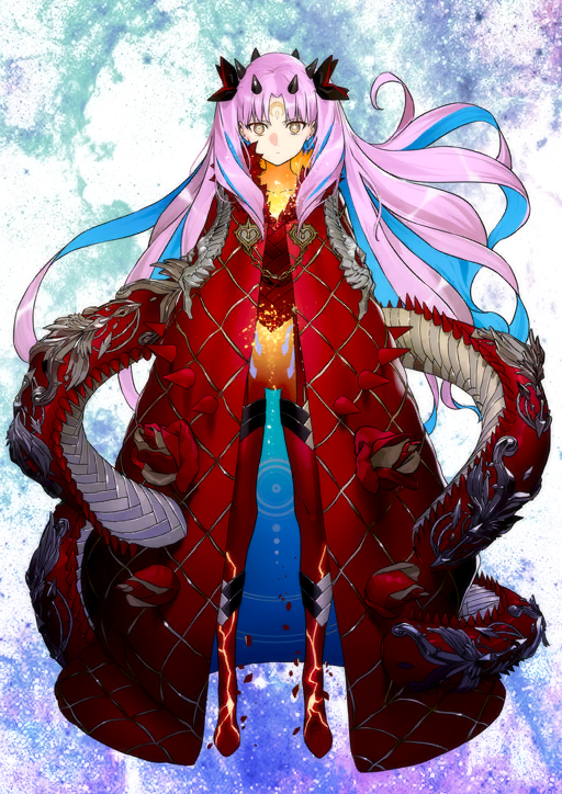 1girl black_bow black_horns blue_hair bodysuit bow bright_pupils cloak closed_mouth collarbone colored_inner_hair curtained_hair expressionless facial_mark fate/grand_order fate_(series) floating_hair forehead_mark full_body game_cg glowing hair_bow horns ishtar_(fate) long_hair looking_at_viewer mismatched_pupils morii_shizuki multicolored_hair multiple_horns official_art open_cloak open_clothes pink_hair red_bodysuit red_cloak space_ishtar_(fate) space_ishtar_(third_ascension)_(fate) spikes star-shaped_pupils star_(sky) star_(symbol) starry_sky_background straight-on sweater_guard symbol-shaped_pupils third-party_source two-tone_hair two_side_up variant_set very_long_hair white_pupils yellow_eyes