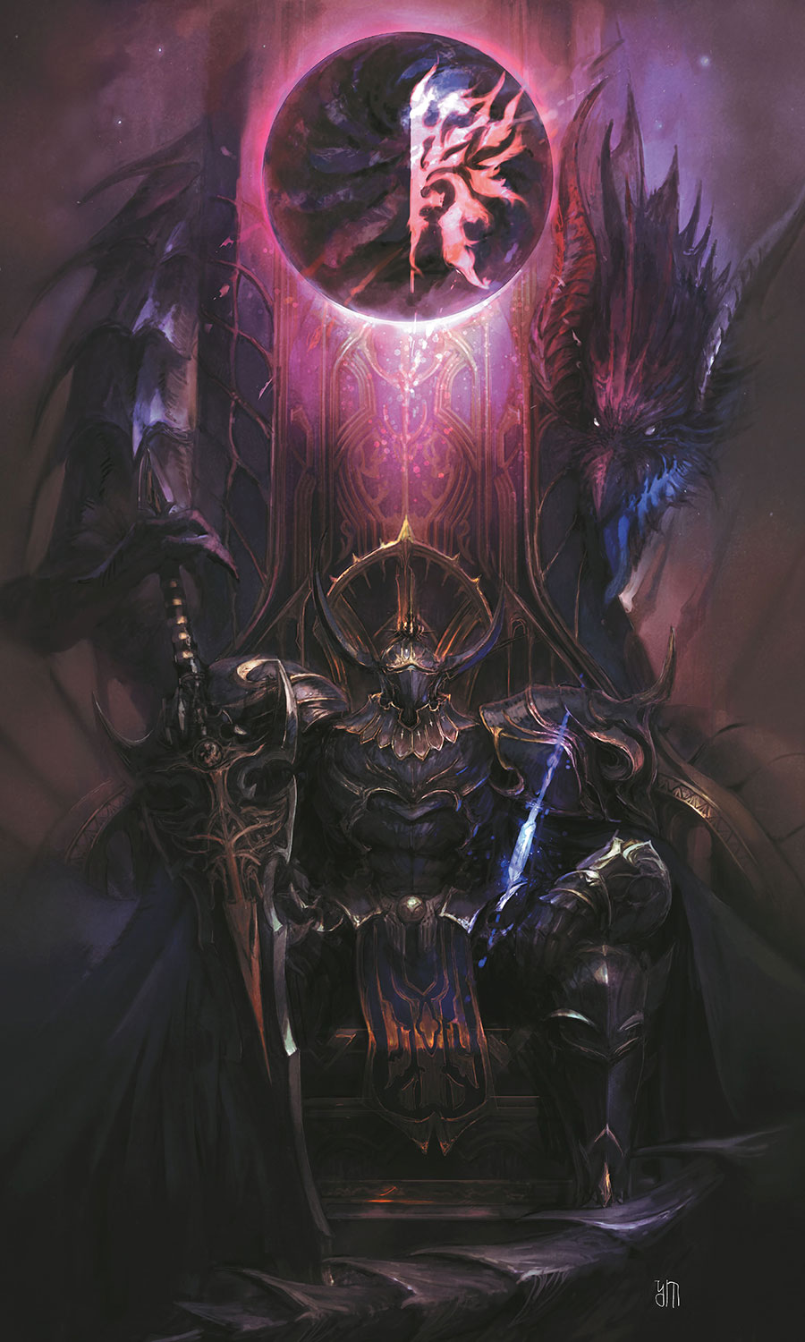 1boy armor azdaja_(ff14) breastplate covered_face dragon facing_viewer fake_horns final_fantasy final_fantasy_xiv full_armor full_body gauntlets glowing golbez greatsword greaves hatching_(texture) helm helmet highres holding holding_sword holding_weapon horned_helmet horns male_focus mogi_yuusuke official_art orb pauldrons shoulder_armor signature sitting sword tail third-party_source throne weapon