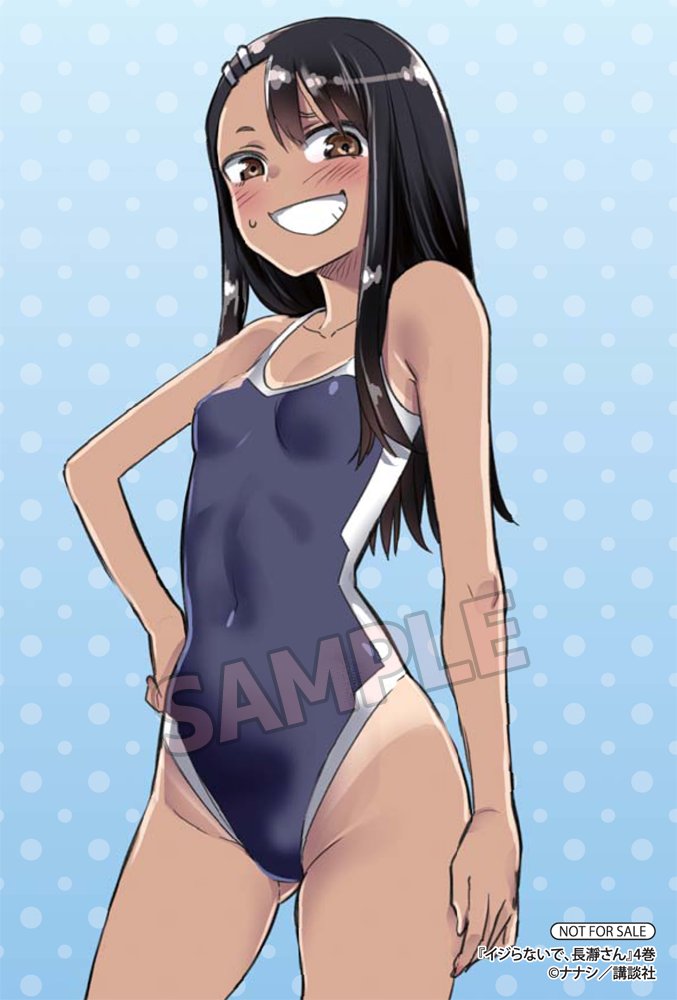 1girl 774_(nanashi) :d black_hair blue_background blue_one-piece_swimsuit breasts brown_eyes competition_school_swimsuit ijiranaide_nagatoro-san long_hair looking_at_viewer nagatoro_hayase official_art one-piece_swimsuit one-piece_tan open_mouth polka_dot polka_dot_background sample_watermark school_swimsuit small_breasts smile solo swimsuit tan tanline watermark