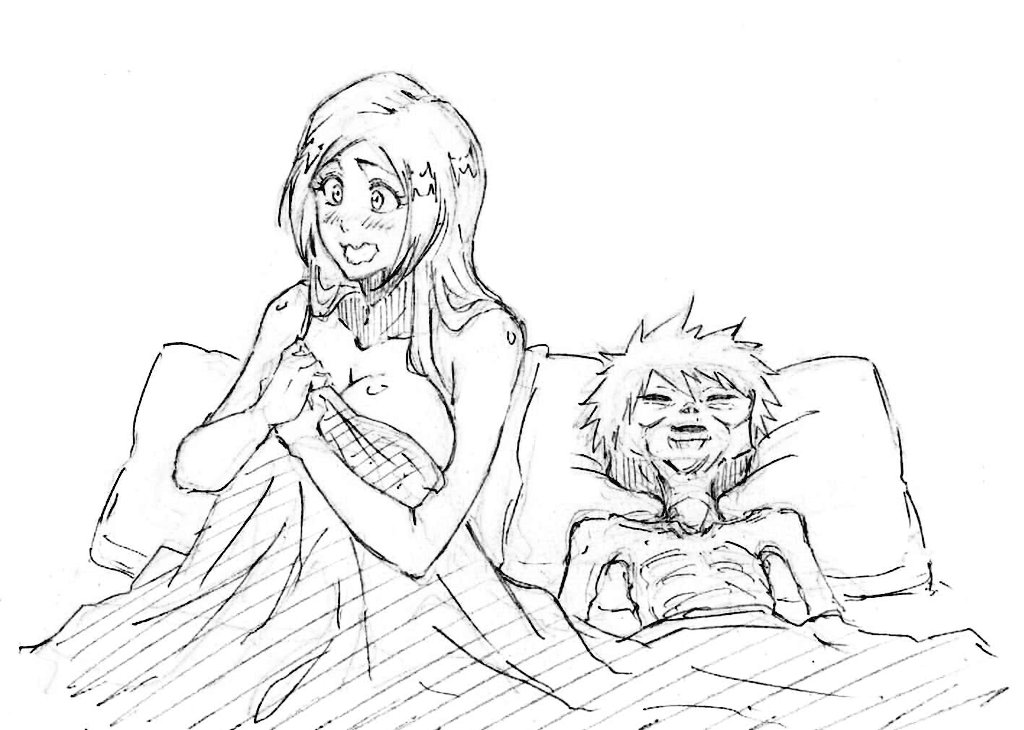 1boy 1girl aftersex bed blanket bleach blush breasts cleavage collarbone couple guy_tired_after_sex_(meme) hetero inoue_orihime kurosaki_ichigo large_breasts long_hair lying meme mexico_ufo_alien_bodies_hearing_(meme) mummification pillow rakusakugk short_hair sitting sketch spiked_hair upper_body