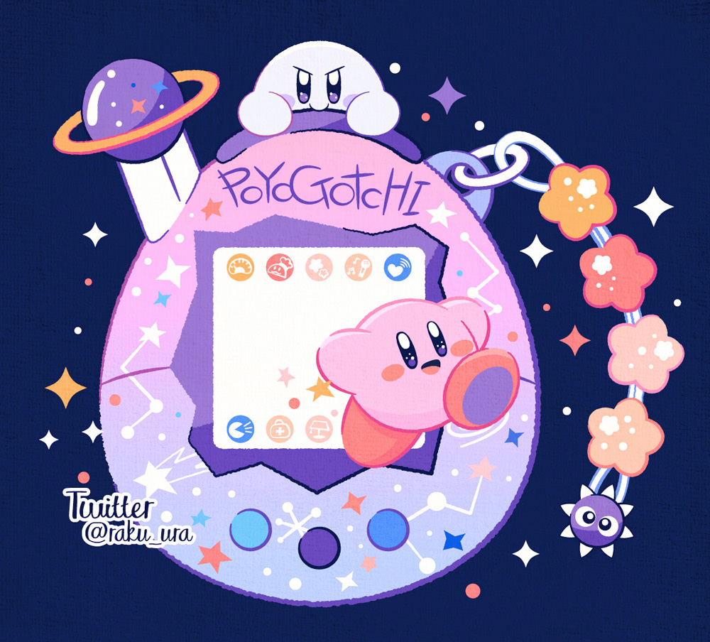 blue_background blush_stickers charm_(object) commentary creature creature_focus english_commentary english_text happy kirby kirby_(series) nintendo no_humans open_mouth raku_ura simple_background smile sparkle star_(symbol) tamagotchi tamagotchi_(virtual_pet) tamagotchi_plus twitter_username virtual_pet_(toy) watermark yume_kawaii