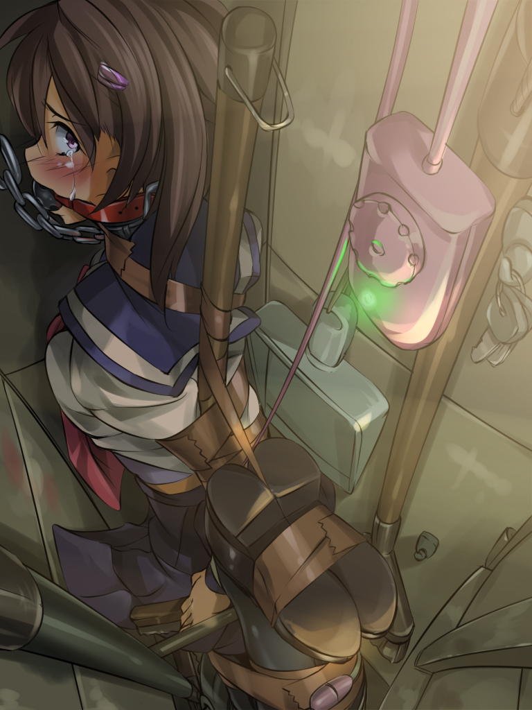 1girl arms_behind_back ball_gag bdsm blush bondage bound broom brown_hair chain closet collar female_focus fumi11gou gag gagged in_container in_locker kinbaku,_soshite_keifuku leash locker looking_at_viewer purple_eyes school_uniform serafuku sex_toy soles solo tape tears vibrator vibrator_under_clothes