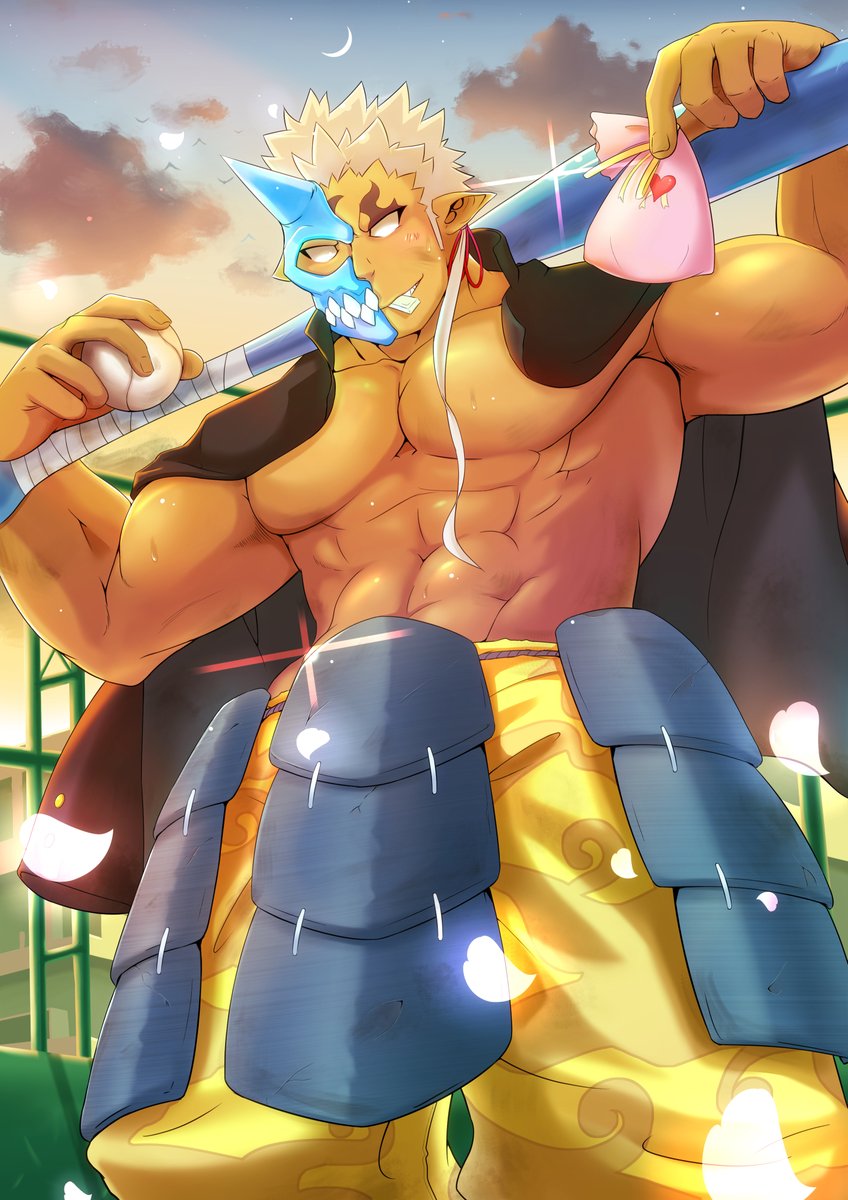 1boy abs armor arms_up ball bara baseball baseball_bat blue_mask chocolate commentary_request cowboy_shot crescent_moon dark-skinned_male dark_skin falling_petals gift glint hair_ribbon half_mask highres holding holding_ball holding_gift horned_mask horns jacket jacket_on_shoulders large_pectorals long_hair long_sideburns low_ponytail male_focus mask moon mouth_hold muscular muscular_male no_nipples no_pupils no_shirt oni_mask pants partial_commentary pectorals petals pointy_ears ponytail red_ribbon ribbon shuten_douji_(housamo) sideburns single_horn smile solo sweat tokyo_houkago_summoners wattyo white_chocolate white_hair yellow_pants