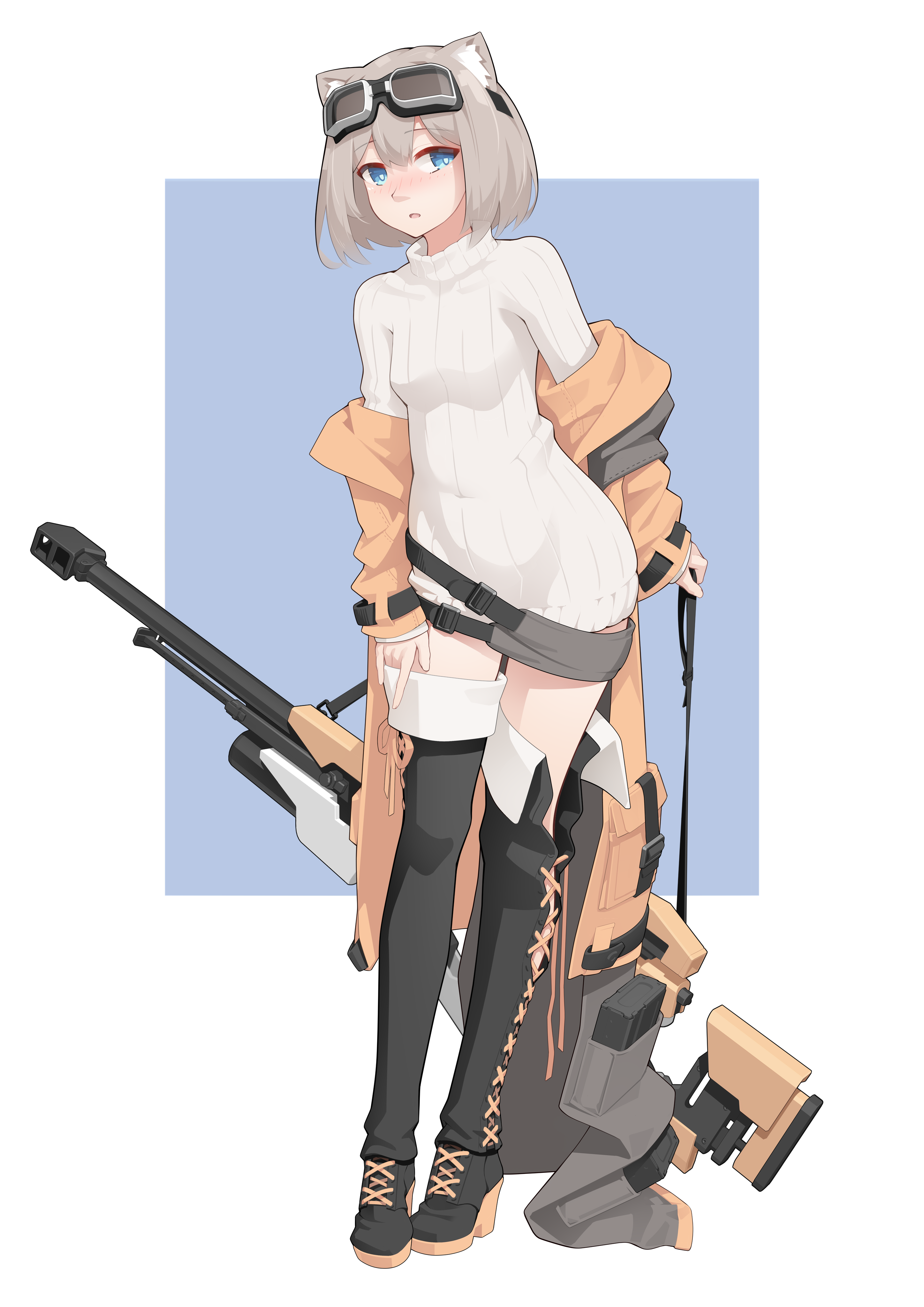 1girl absurdres animal_ears belt blonde_hair blue_eyes blush bob_cut boots borrowed_character breasts coat commentary dress english_commentary full_body goggles goggles_on_head gun highres looking_at_viewer muzzle_device open_clothes original reel_helioterrace_(rivun) revision ribbed_sweater rifle short_hair simple_background small_breasts sniper_rifle solo standing sweater sweater_dress thigh_boots turtleneck turtleneck_sweater vectorek weapon white_sweater yellow_coat
