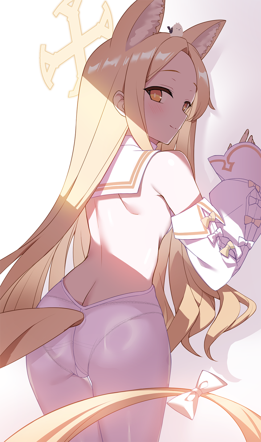 1girl against_wall animal animal_ear_fluff animal_ears animal_on_head ass back bare_back bare_shoulders bird bird_on_head blonde_hair blue_archive blush bow bright_pupils butt_crack closed_mouth clothing_cutout commentary_request cowboy_shot cross_halo detached_sleeves extra_ears forehead fox_ears fox_girl fox_tail from_behind halo hand_up hands_up highres lace lace-trimmed_panties lace_trim loli long_hair long_sleeves looking_at_viewer looking_back nanoyo on_head paid_reward_available panties panties_under_leotard panties_under_pantyhose pantyhose parted_bangs sailor_collar seia_(blue_archive) shadow sidelocks simple_background sleeve_bow sleeves_past_wrists slit_pupils smile solo split_mouth tail tail_bow tail_ornament tail_through_clothes thigh_gap thighs tit_(bird) underwear very_long_hair very_long_tail white_background white_bow white_panties white_pantyhose white_pupils white_sailor_collar wide_sleeves yellow_bow yellow_eyes yellow_halo