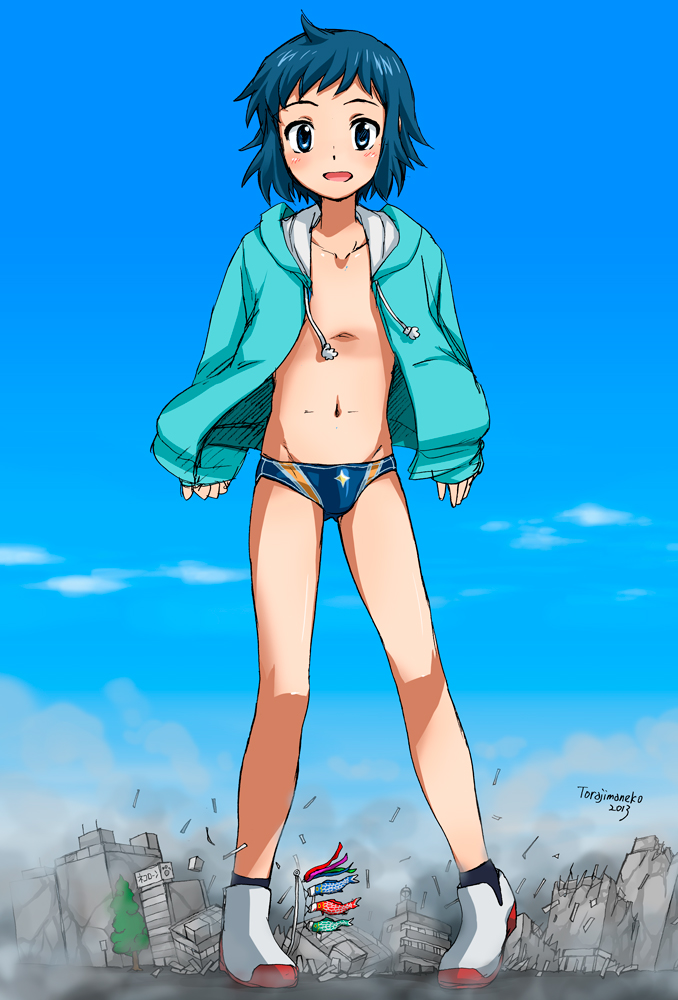 10s 1boy blue_eyes blue_hair blue_male_swimwear blue_swim_briefs boots carp child collarbone giant gundam gundam_build_fighters hood hoodie iori_sei jacket kite knees legs male_focus male_swimwear matching_hair/eyes navel open_clothes open_hoodie open_jacket parka shoes short_hair smile solo swim_briefs swimsuit torajimaneko