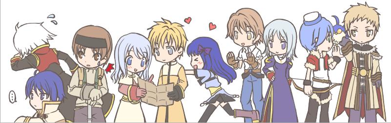 &gt;_&lt; ... 4girls 6+boys :d ^^^ acolyte_(ragnarok_online) alchemist_(ragnarok_online) archer_(ragnarok_online) bird black_coat black_headband black_pants black_skirt black_thighhighs blacksmith_(ragnarok_online) blonde_hair blue_bird blue_eyes blue_hair blue_pants blue_shirt bow bow_(weapon) brown_coat brown_gloves brown_hair brown_shirt cape capelet cassock chasing closed_eyes closed_mouth coat commentary_request cowboy_shot cross cross_necklace dress expressionless filir_(ragnarok_online) fingerless_gloves fleeing flying_sweatdrops fur-trimmed_jacket fur_trim gloves gold_trim green_vest hair_bow headband heart hiruankou holding holding_bow_(weapon) holding_map holding_weapon jacket jewelry juliet_sleeves long_hair long_sleeves looking_at_another looking_to_the_side mage_(ragnarok_online) map medium_hair merchant_(ragnarok_online) multicolored_coat multiple_boys multiple_girls necklace open_clothes open_jacket open_mouth open_vest pants priest_(ragnarok_online) puffy_sleeves purple_bow purple_dress purple_eyes ragnarok_online red_cape red_coat red_jacket rogue_(ragnarok_online) shirt short_hair short_sleeves side_slit simple_background skirt smile spoken_ellipsis sweatdrop thighhighs two-tone_coat vest weapon white_background white_cape white_capelet white_hair white_shirt white_skirt xd