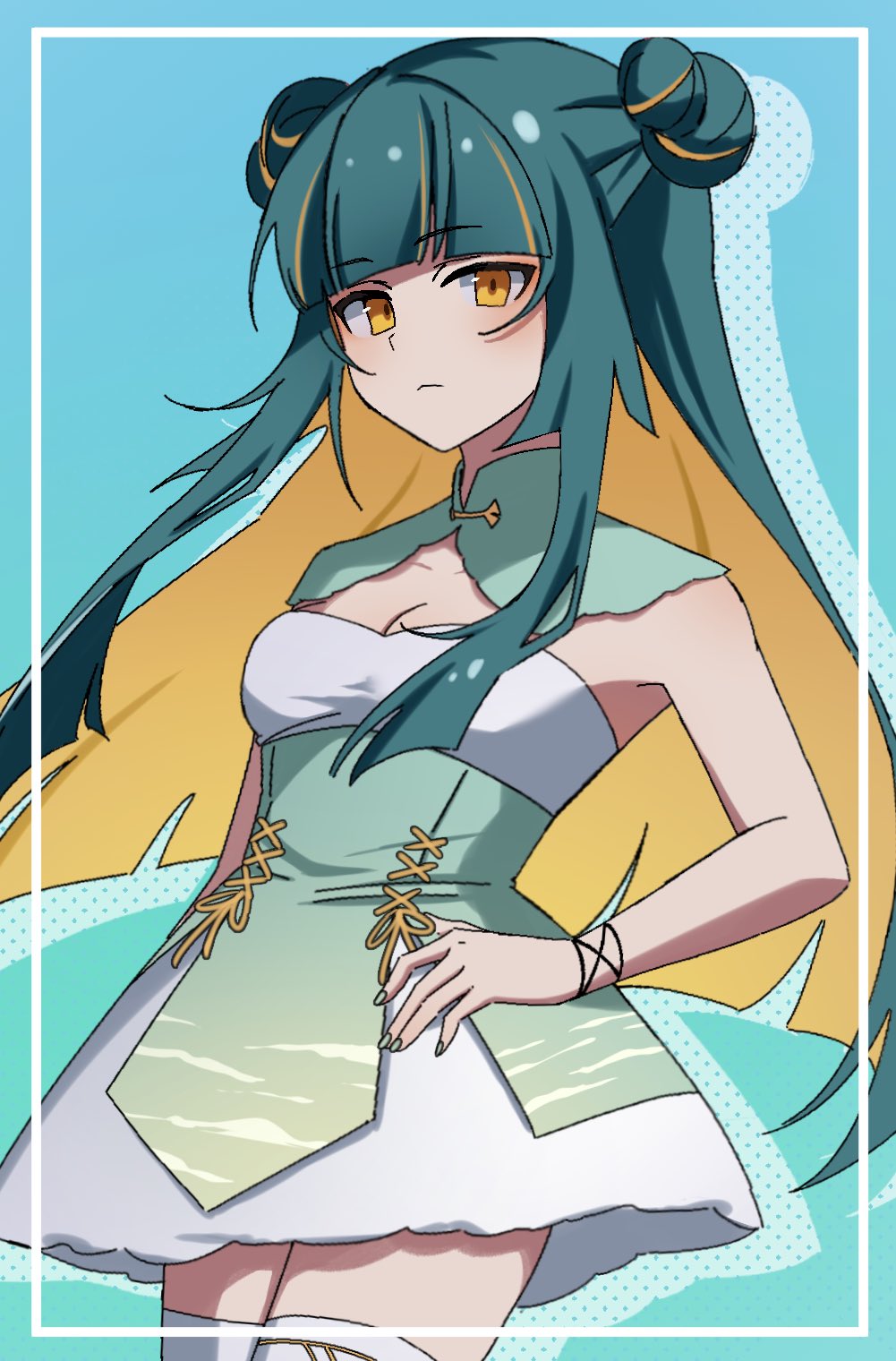 1girl aqua_background aqua_hair blonde_hair breasts china_dress chinese_clothes cleavage closed_mouth colored_inner_hair double_bun dress feng_yi_(synthesizer_v) fingernails frown green_nails hair_bun hand_on_own_hip highres long_hair multicolored_hair nail_polish rishaku_(user_cuwx8758) streaked_hair synthesizer_v thighhighs vimalion_pro white_thighhighs yellow_eyes
