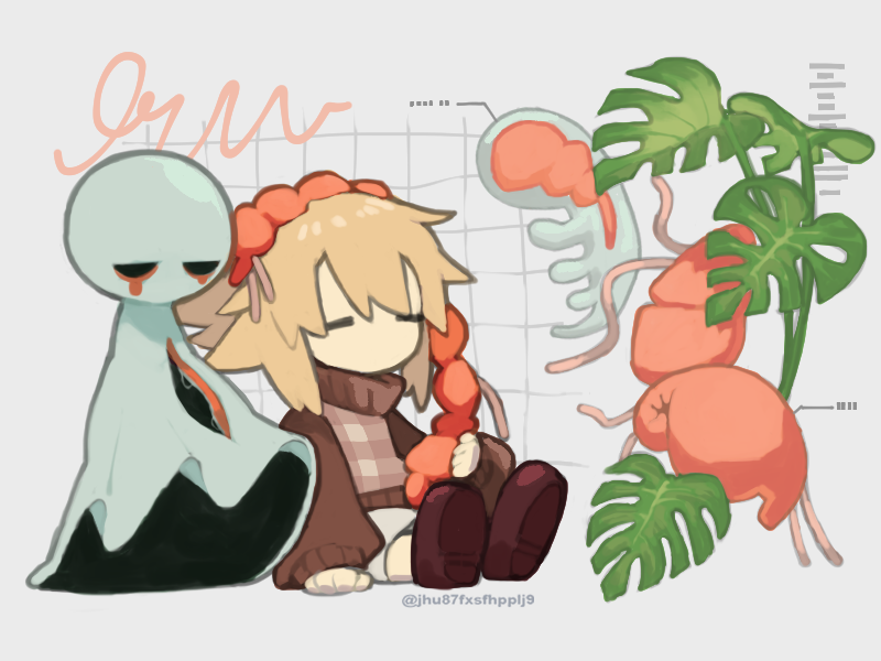 1girl blonde_hair brown_shoes brown_sweater chibi chibi_only closed_eyes grey_skirt hair_flaps intestines leaf long_sleeves lungs no_mouth object_on_head puffy_long_sleeves puffy_sleeves regurusu_(nagarevosi) shoes sitting skirt stomach_(organ) sweater teruterubouzu twitter_username urotsuki watermark yume_2kki