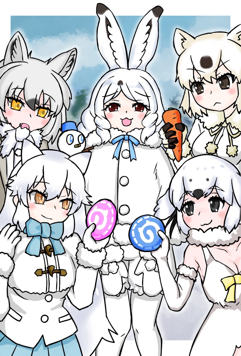 5girls animal_ears food highres ice kemono_friends multiple_girls snow white_hair