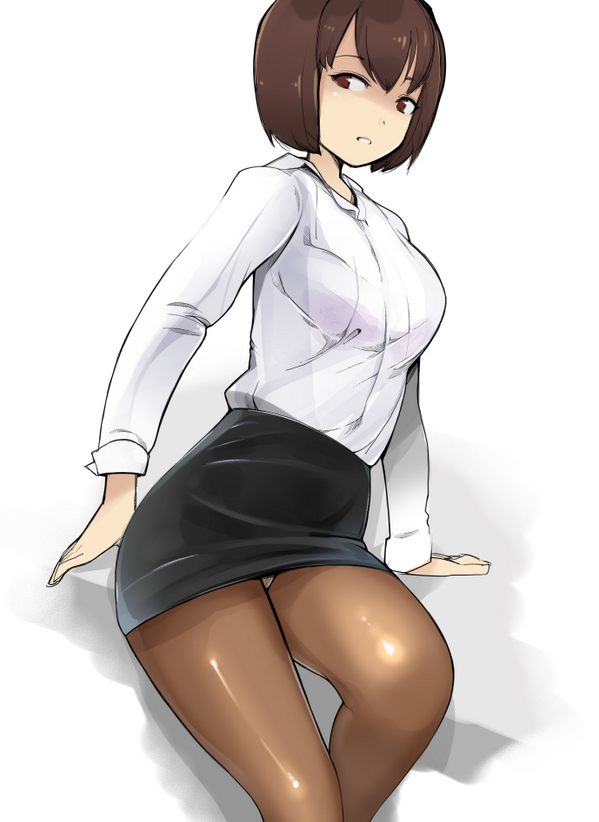 10s 1girl alternate_costume arm_support bad_id bad_pixiv_id brown_eyes brown_hair brown_pantyhose female_focus hyuuga_(kancolle) kantai_collection miniskirt office_lady panties panties_under_pantyhose pantyhose pantyshot pencil_skirt short_hair sitting skirt solo topo_(bacchustab) topo_bevitore underwear upskirt