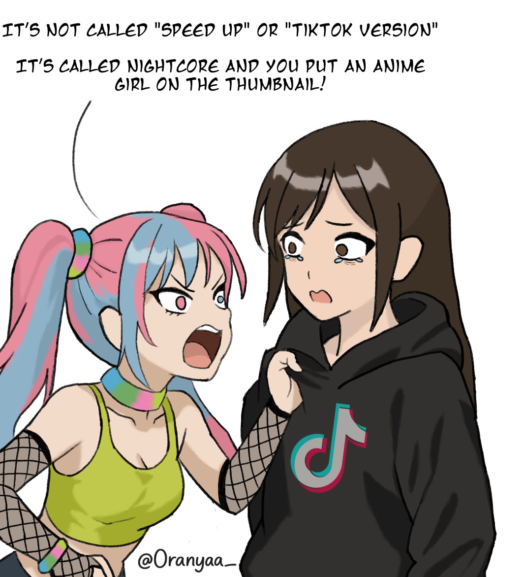 2girls asymmetrical_legwear blue_eyes blue_hair bracelet breasts brown_eyes brown_hair clothes_grab commentary crop_top detached_sleeves english_commentary english_text fishnet_sleeves fishnets green_eyes heterochromia jewelry medium_breasts midriff multicolored_hair multiple_girls open_mouth oranyaa original pink_hair tears tiktok tiktok_logo twintails twitter_username two-tone_hair