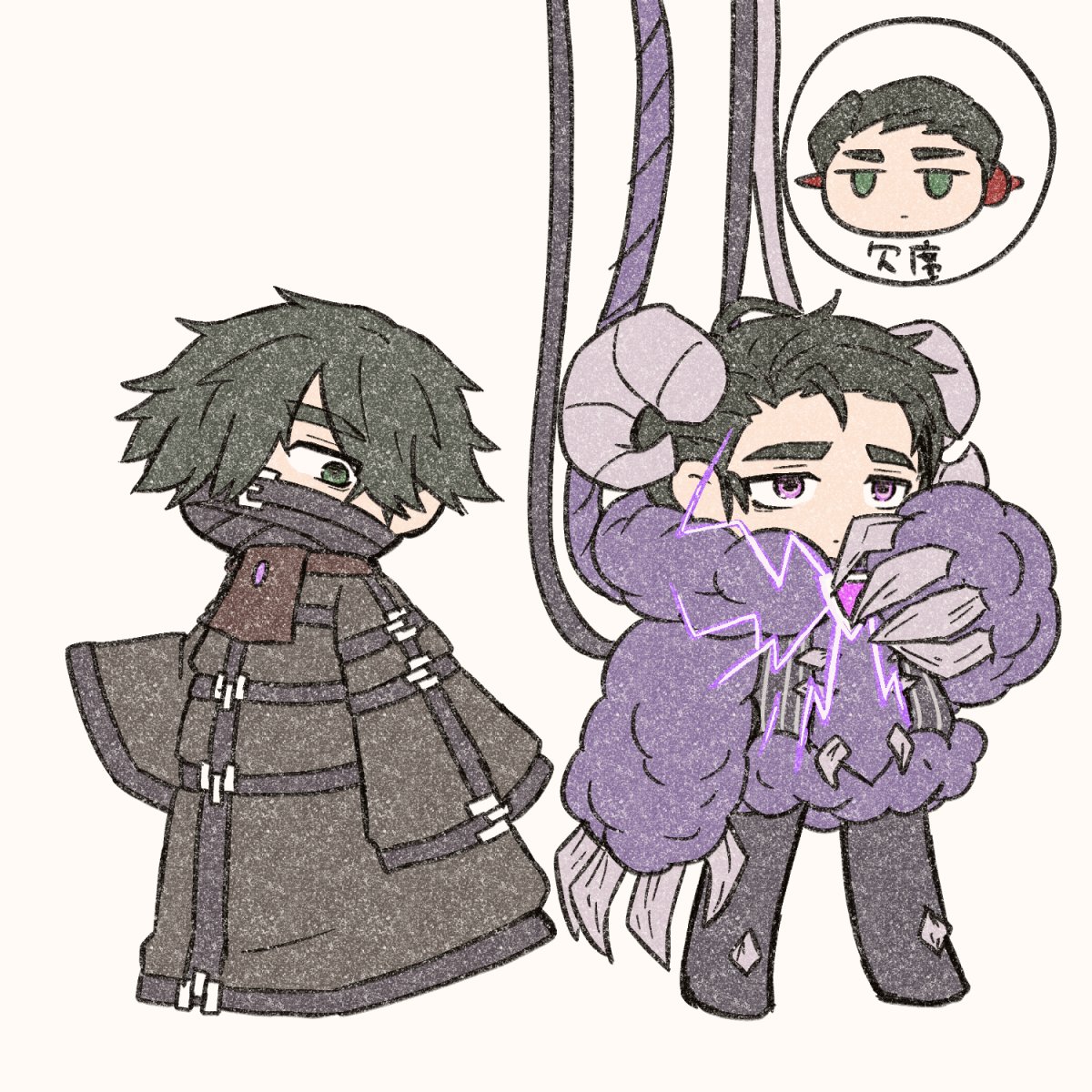 1boy bandages_over_mouth black_coat black_hair black_hanbok black_pants cable chibi claws closed_mouth coat e.g.o_(project_moon) electric_screaming_(e.g.o) electricity full_body fur_sleeves fur_trim gem green_eyes hanbok highres horns korean_clothes limbus_company looking_at_another looking_at_viewer male_focus meursault_(project_moon) pants project_moon purple_eyes purple_gemstone regret_(e.g.o) sheep_horns short_hair simple_background solo standing teryaa125 white_background wool