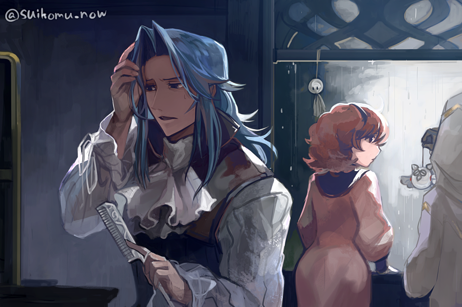 1girl 2boys aristocratic_clothes blue_hair character_doll comb dress feh_(fire_emblem_heroes) fire_emblem fire_emblem_awakening genny_(fire_emblem) kiran_(fire_emblem) male_kiran_(fire_emblem) long_hair multiple_boys nintendo pink_dress pink_hair suikomu_now virion_(fire_emblem)