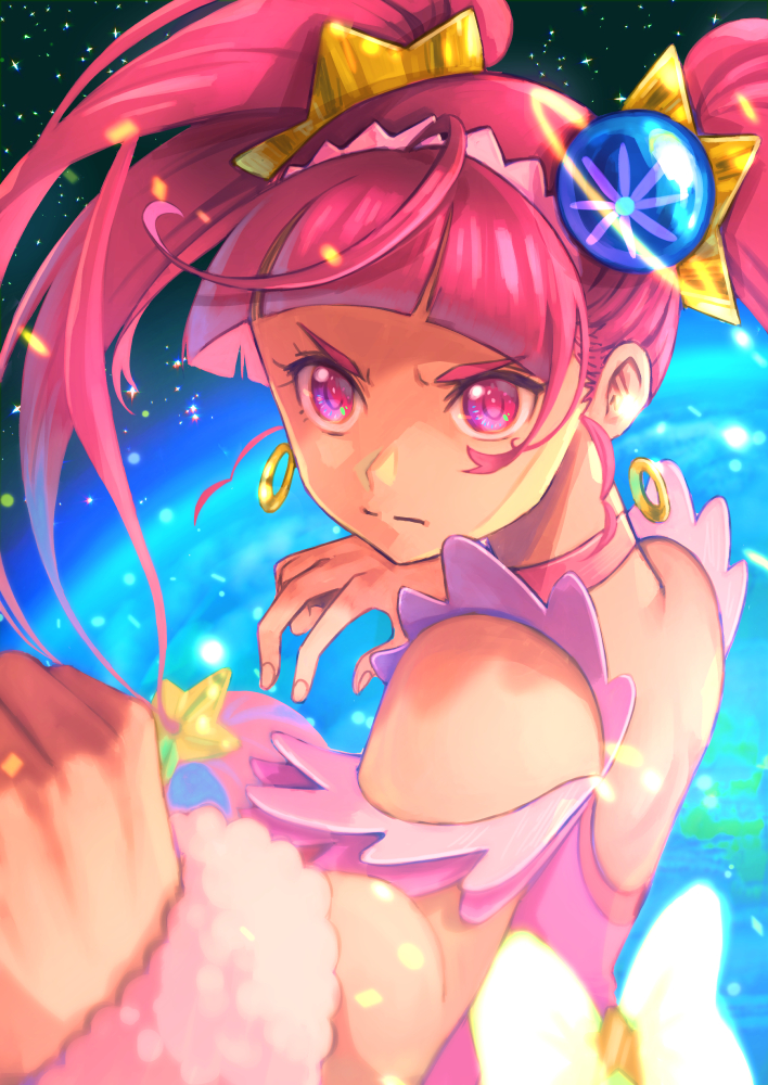 1girl ahoge back_bow back_cutout bare_shoulders blunt_bangs bow choker clenched_hand clothing_cutout commentary_request cure_star dress earrings earth_(planet) female_focus fighting_stance floating_hair foreshortening hair_ornament hairband hoop_earrings hoshina_hikaru jewelry jj_(ssspulse) long_hair magical_girl orbit pink_choker pink_dress pink_eyes pink_hair planet planet_hair_ornament precure serious solo space star_(sky) star_(symbol) star_hair_ornament star_twinkle_precure twintails v-shaped_eyebrows wrist_cuffs