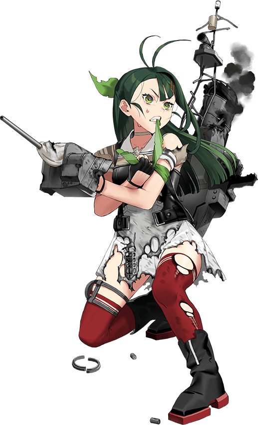 1girl adapted_turret ahoge antenna_hair apron black_boots black_gloves boots burnt_clothes dress fingerless_gloves gloves green_eyes green_hair grey_apron grey_sailor_collar hair_ornament hair_ribbon hairclip kantai_collection looking_to_the_side looking_up machinery mouth_hold official_art open_mouth pleated_skirt red_thighhighs ribbon sailor_collar sailor_dress school_uniform serafuku short_sleeves skirt smoke solo sugi_(kancolle) thighhighs torpedo torpedo_launcher transparent_background umihara_sakana zipper_pull_tab