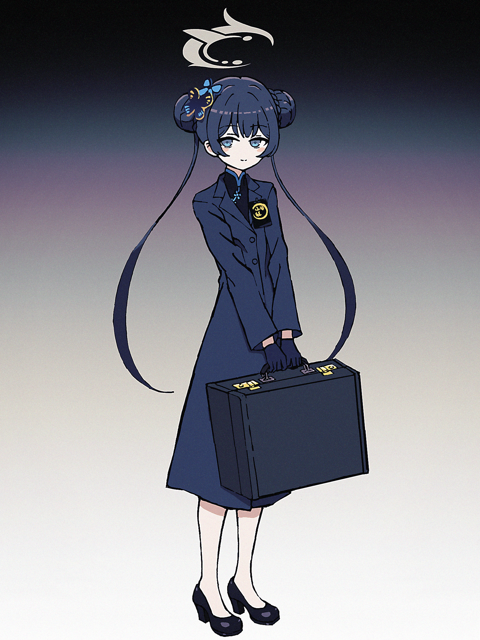 1girl black_background black_coat black_dress black_footwear black_gloves black_hair blue_archive blue_eyes blush braid braided_bun butterfly_hair_ornament china_dress chinese_clothes closed_mouth coat double_bun dress full_body gloves gradient_background hair_bun hair_ornament halo high_heels highres holding holding_suitcase id_card jacket kisaki_(blue_archive) long_coat long_hair long_sleeves looking_at_viewer nkymyura own_hands_together smile solo standing suit_jacket suitcase twintails very_long_hair white_background