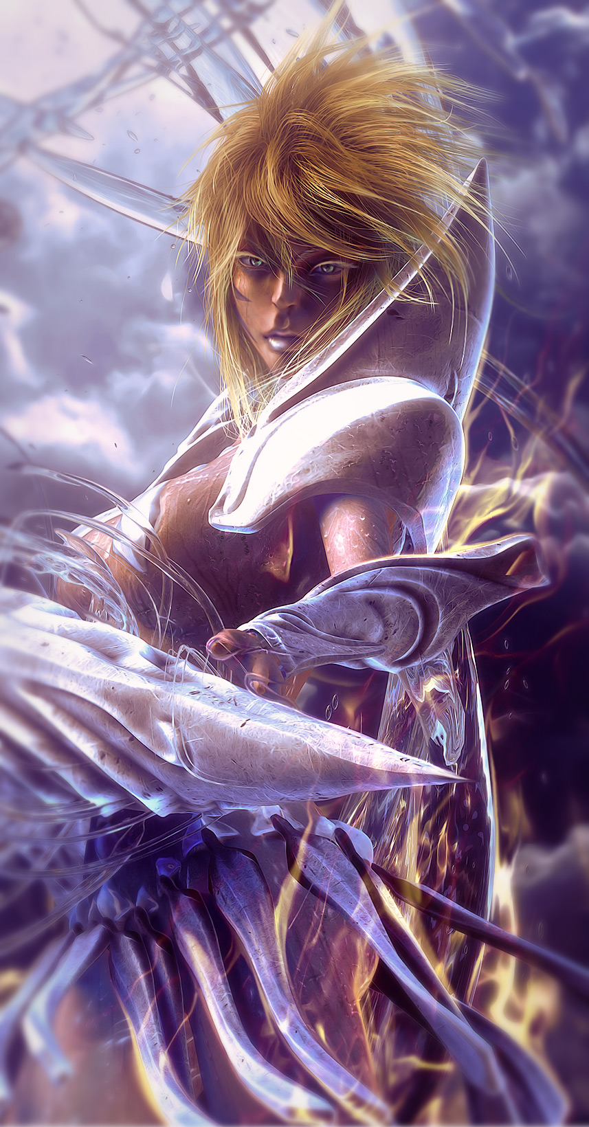 00s 1girl 3d arrancar bleach blonde_hair breasts dark-skinned_female dark_skin facial_mark female_focus green_eyes highres hollow_(bleach) hydrokinesis number_tattoo realistic resurreccion solo spoilers sword tattoo tier_harribel underboob water weapon wen_jr