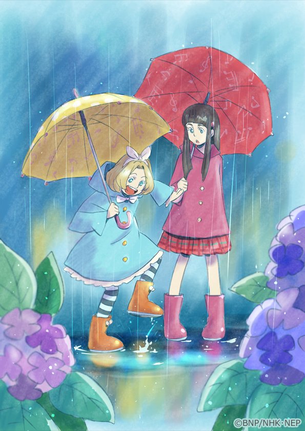 2girls artist_request black_hair blonde_hair blue_coat blunt_bangs boots classicaloid coat commentary_request flower full_body hood hood_down hydrangea multiple_girls official_art open_mouth pantyhose puddle pyotr_illyich_tchaikovsky_(classicaloid) rain red_coat red_skirt red_umbrella rubber_boots second-party_source skirt stomping striped_clothes striped_pantyhose tekla_badarzewska-baranowska_(classicaloid) umbrella yellow_umbrella