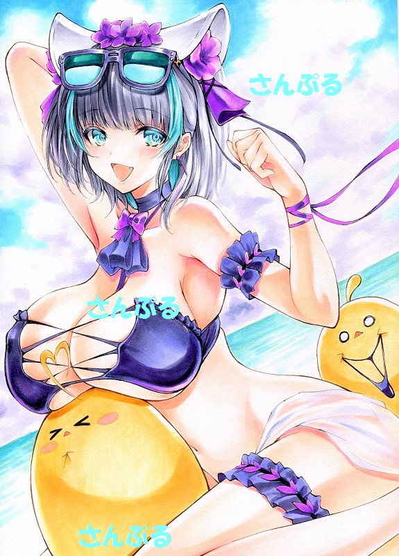 1girl animal_band animal_ears aqua_eyes aqua_hair arm_garter armpits azur_lane bikini blush breast_rest breasts cheshire_(azur_lane) cheshire_(summery_date!)_(azur_lane) choker day eyewear_on_head fake_animal_ears frilled_thigh_strap grey_hair large_breasts looking_at_viewer manjuu_(azur_lane) marker_(medium) maruto_(marutohonpo) multicolored_hair official_alternate_costume outdoors purple_bikini purple_choker sarong smile strapless strapless_bikini streaked_hair sunglasses swimsuit thigh_strap tinted_eyewear traditional_media