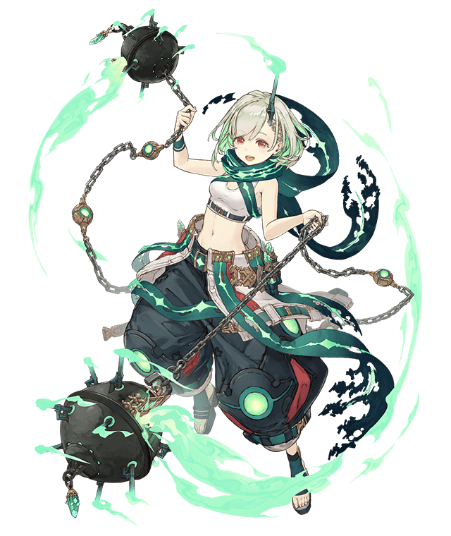 1girl :d bracelet breasts chain explosive fire full_body green_hair horns jewelry ji_no little_match_girl_(sinoalice) looking_at_viewer midriff mine_(weapon) navel official_art open_mouth red_eyes sandals scarf short_hair single_horn sinoalice small_breasts smile solo teeth transparent_background upper_teeth_only