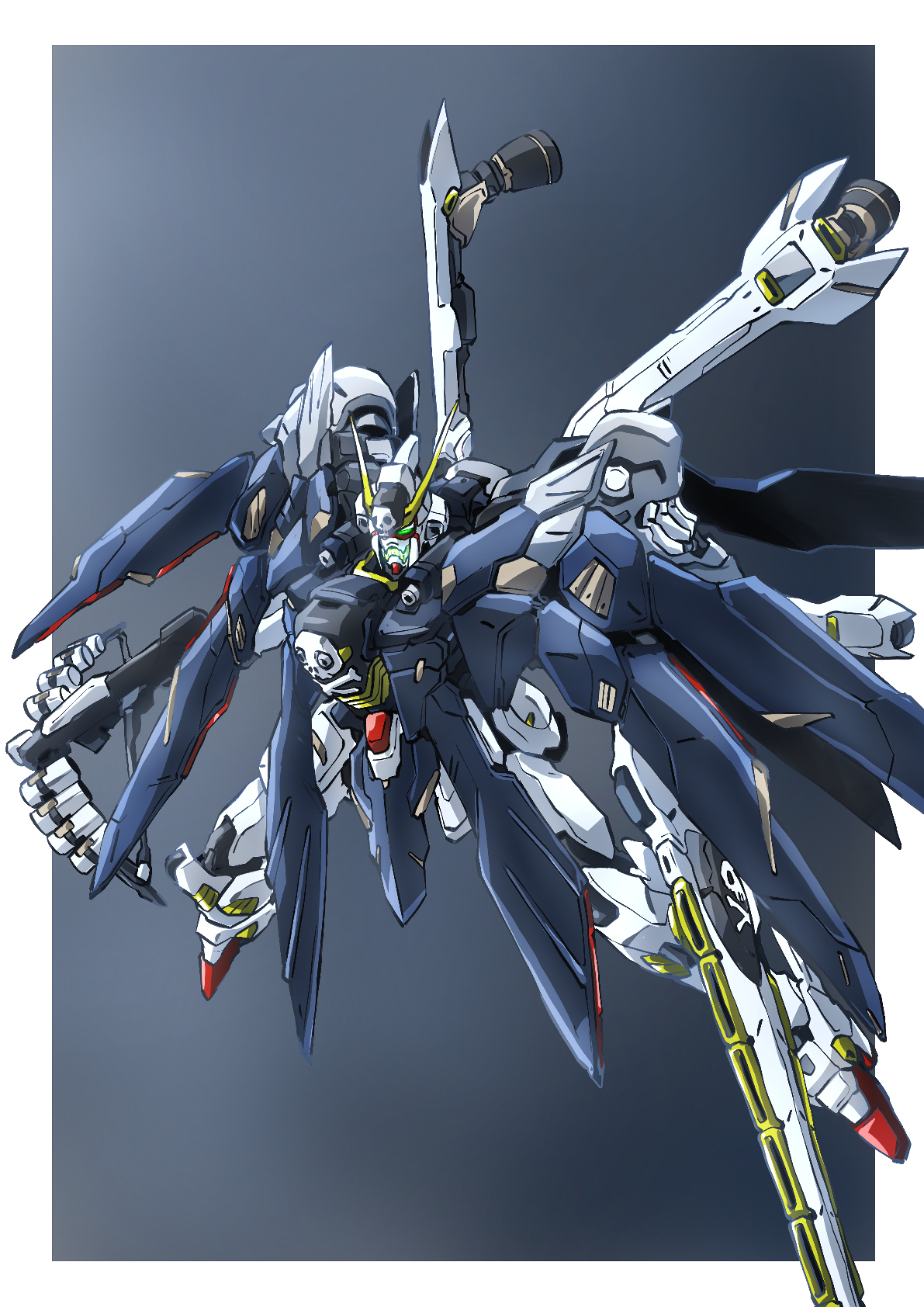 crossbone_gundam crossbone_gundam_x-1 crossbone_gundam_x-1_full_cloth green_eyes gun gundam highres holding holding_bowgun holding_gun holding_weapon mecha mecha_focus mobile_suit no_humans pirate robot science_fiction skull_and_crossbones solo sword taiga_hiroyuki v-fin weapon