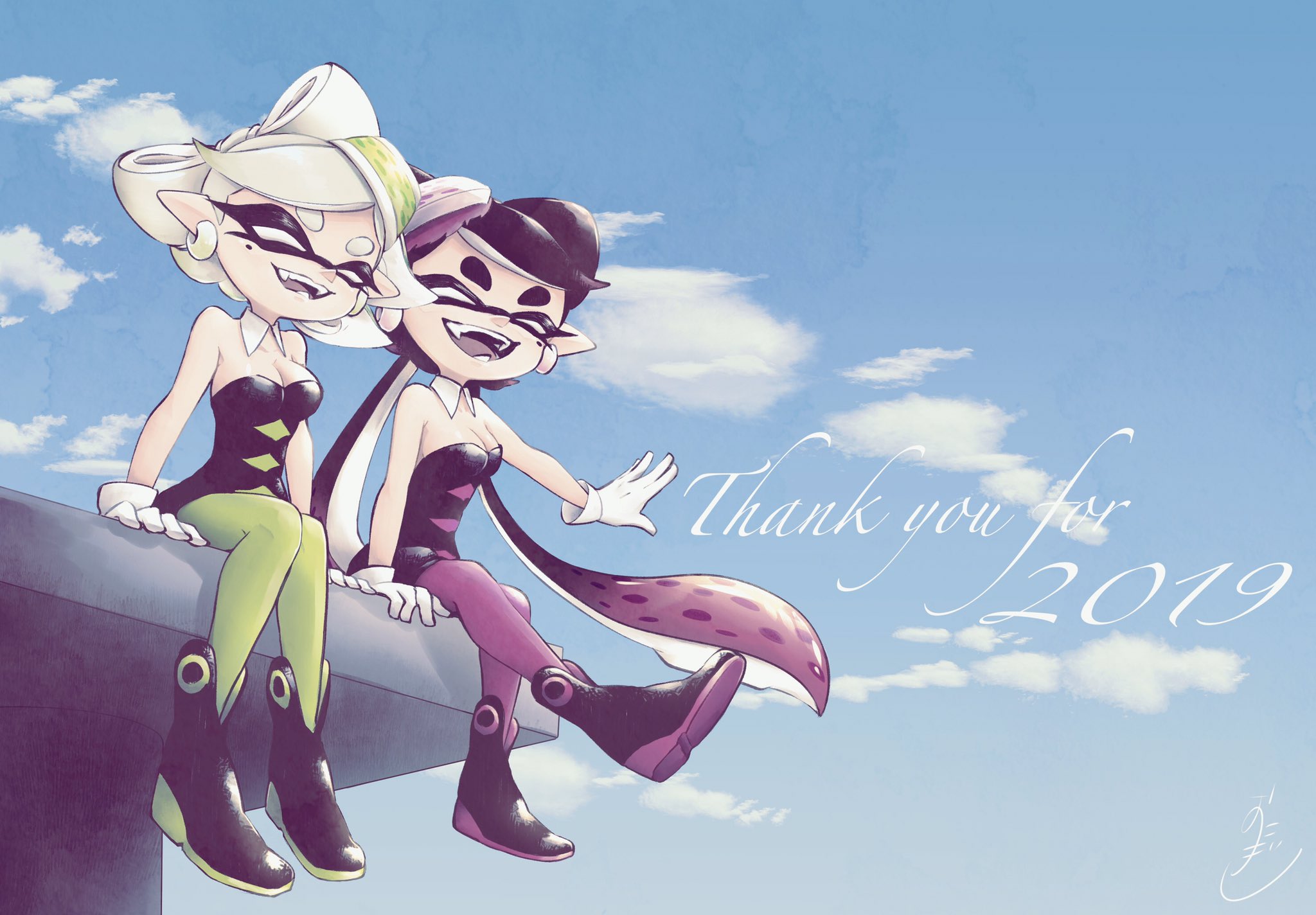 2020 2girls ankle_boots artist_name black_dress black_footwear black_hair black_jumpsuit blue_sky boots breasts callie_(splatoon) callie_(squid_sisters_outfit)_(splatoon) cleavage cloud cloudy_sky collar commentary cousins day detached_collar dress earrings english_text facing_viewer fangs food food_on_head gloves gradient_hair green_legwear grey_hair highres inkling jewelry jumpsuit long_hair marie_(splatoon) marie_(squid_sisters_outfit)_(splatoon) medium_hair mole mole_under_eye multicolored_hair multiple_girls nintendo object_on_head okome_2g2g open_mouth outdoors pantyhose pointy_ears purple_hair purple_legwear short_dress short_hair short_jumpsuit side-by-side signature sitting sky smile splatoon_(series) splatoon_1 strapless strapless_dress sushi swept_bangs tentacle_hair thank_you very_long_hair white_collar white_gloves wing_collar