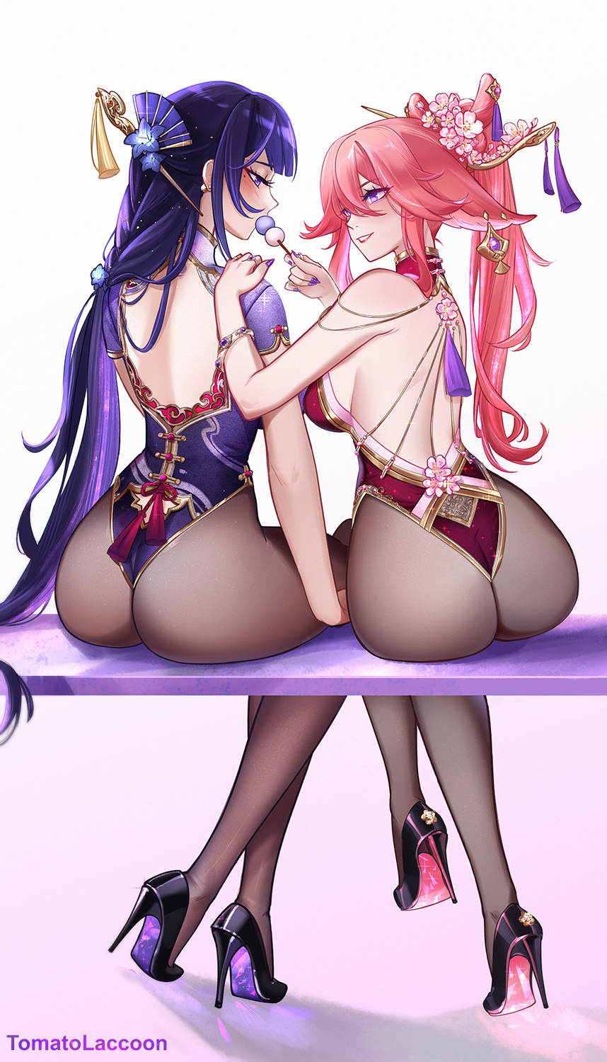 2girls alternate_costume animal_ears artist_name ass backless_leotard black_pantyhose black_shoes bracelet breasts dango food fox_ears fox_girl genshin_impact hair_between_eyes hair_ornament hair_stick hand_on_another&#039;s_shoulder high_heels highres holding holding_food jewelry large_breasts leotard long_hair looking_at_another mole mole_under_eye multiple_girls pantyhose pink_hair ponytail purple_eyes purple_hair purple_leotard raiden_shogun red_leotard shoes sitting tomatolaccoon very_long_hair wagashi yae_miko yuri