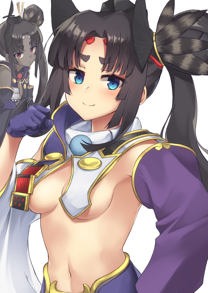 2girls armor asymmetrical_sleeves black_hair black_skin blue_eyes blush breasts clenched_hand colored_skin dark-skinned_female dark_persona dark_skin detached_sleeves fate/grand_order fate_(series) gloves hair_ornament hat japanese_armor kusazuri long_hair looking_at_viewer medium_breasts mismatched_sleeves multiple_girls navel no_bra pinta_(ayashii_bochi) pom_pom_(clothes) purple_gloves revealing_clothes side_ponytail simple_background smile thick_eyebrows underboob upper_body ushiwakamaru_(corrupted)_(fate) ushiwakamaru_(fate) very_long_hair white_background