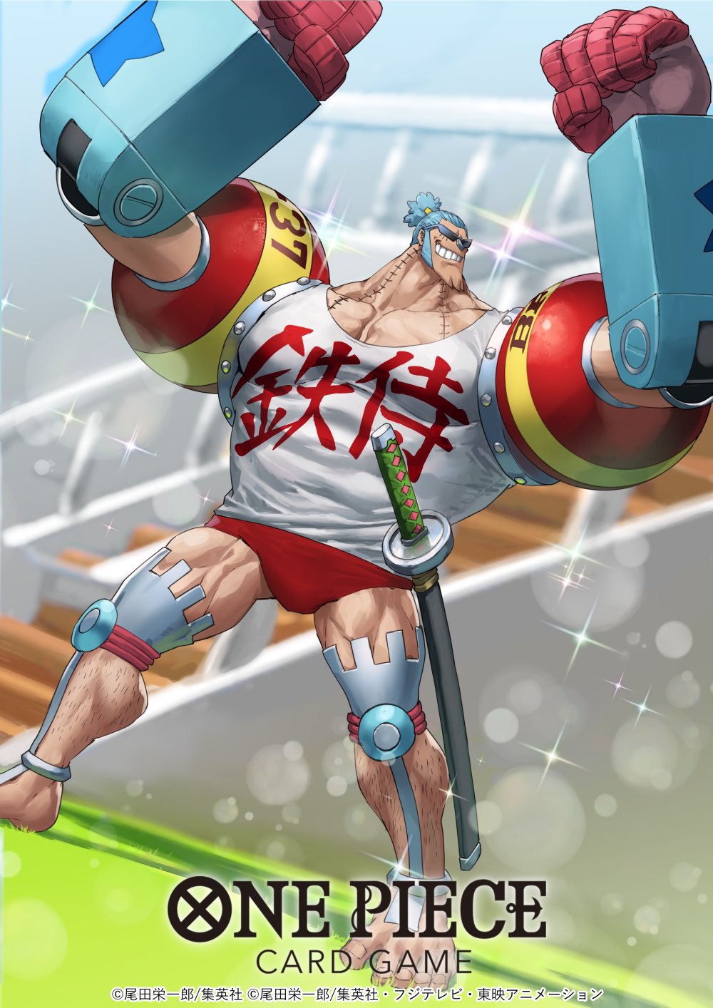 1boy blue_hair commentary_request copyright_name dai-xt franky_(one_piece) full_body highres leg_hair male_focus official_art one_piece one_piece_card_game panties ponytail red_panties shirt sideburns smile solo sparkle stitched_neck stitches sunglasses sword t-shirt underwear weapon