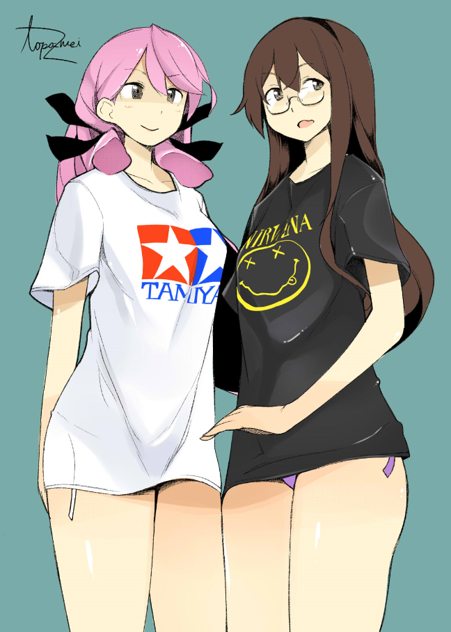 10s 2girls akashi_(kancolle) bad_id bad_pixiv_id band_shirt black_hair blue_eyes clothes_writing commentary_request glasses green_eyes hair_ribbon kantai_collection logo long_hair looking_at_viewer merchandise multiple_girls nirvana_(band) no_pants ooyodo_(kancolle) open_mouth panties pink_hair ribbon shirt smile t-shirt tamiya_incorporated topo_(bacchustab) topo_bevitore tress_ribbon twintails underwear