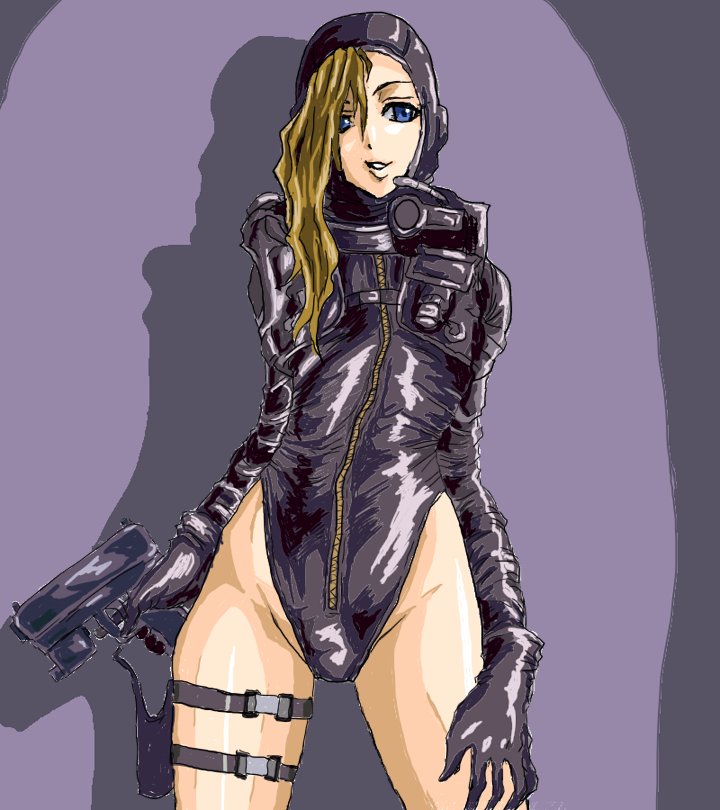 1girl artist_request asymmetrical_clothes bare_legs bodysuit brown_hair clothing_cutout diving_suit from_behind from_below gun heart holding holding_gun holding_weapon jessica_sherawat leotard lips looking_at_viewer resident_evil resident_evil:_revelations revealing_clothes shiny_clothes shiny_skin skindentation standing weapon wetsuit wide_hips