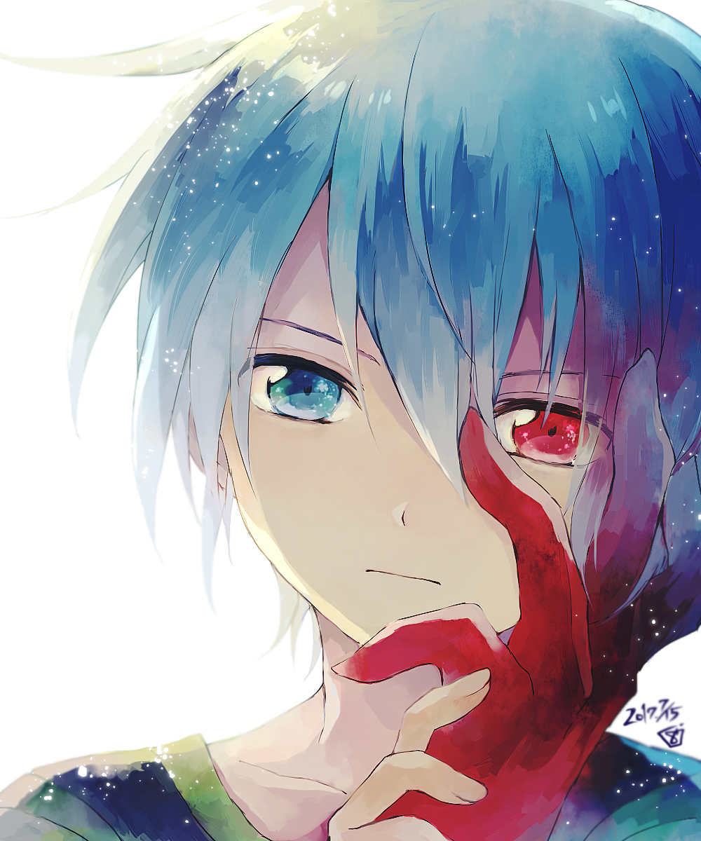 1boy backlighting blue_eyes closed_mouth collarbone hair_between_eyes hana_(mew) hand_on_own_face heterochromia highres light_particles male_focus puyopuyo puyopuyo_fever red_eyes shirt short_hair sig_(puyopuyo) solo white_background