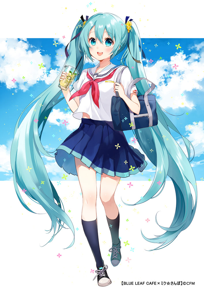 1girl aqua_eyes aqua_hair bag blue_socks cloud day drink drinking_straw female_focus full_body hatsune_miku kneehighs long_hair looking_at_viewer midriff_peek neckerchief open_mouth red_neckerchief school_uniform serafuku skirt sky socks solo twintails very_long_hair vocaloid yuzuki_kihiro