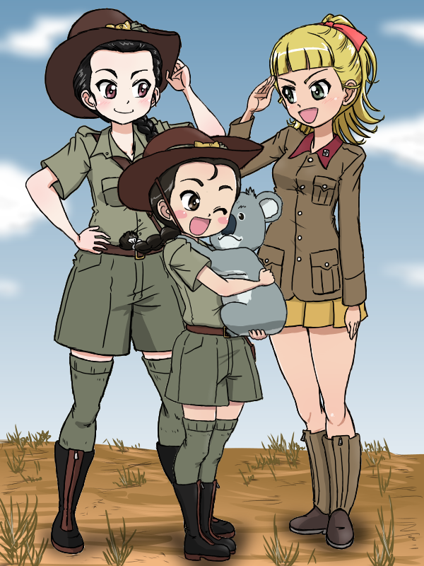 3girls adjusting_clothes adjusting_headwear alternate_costume animal animal_hug arm_up belt black_boots black_hair blonde_hair blue_sky blush boots braid brown_belt brown_boots brown_eyes brown_hat brown_jacket bush_hat chi-hatan_military_uniform closed_eyes cloud collared_shirt cosplay costume_switch desert girls_und_panzer green_eyes green_shirt green_shorts green_thighhighs grey_shirt grey_shorts grey_socks grey_thighhighs hair_ribbon hat hirai_hanako jacket koala_forest_military_uniform legs_up long_hair meme miniskirt multiple_girls one_eye_closed pink_ribbon ponytail ribbon salute sam_browne_belt shirt short_sleeves shorts skirt sky smile socks solo standing takahashi_kurage tamada_tamaki thighhighs wallaby_(girls_und_panzer) weeds white_ribbon yellow_skirt zipper_footwear