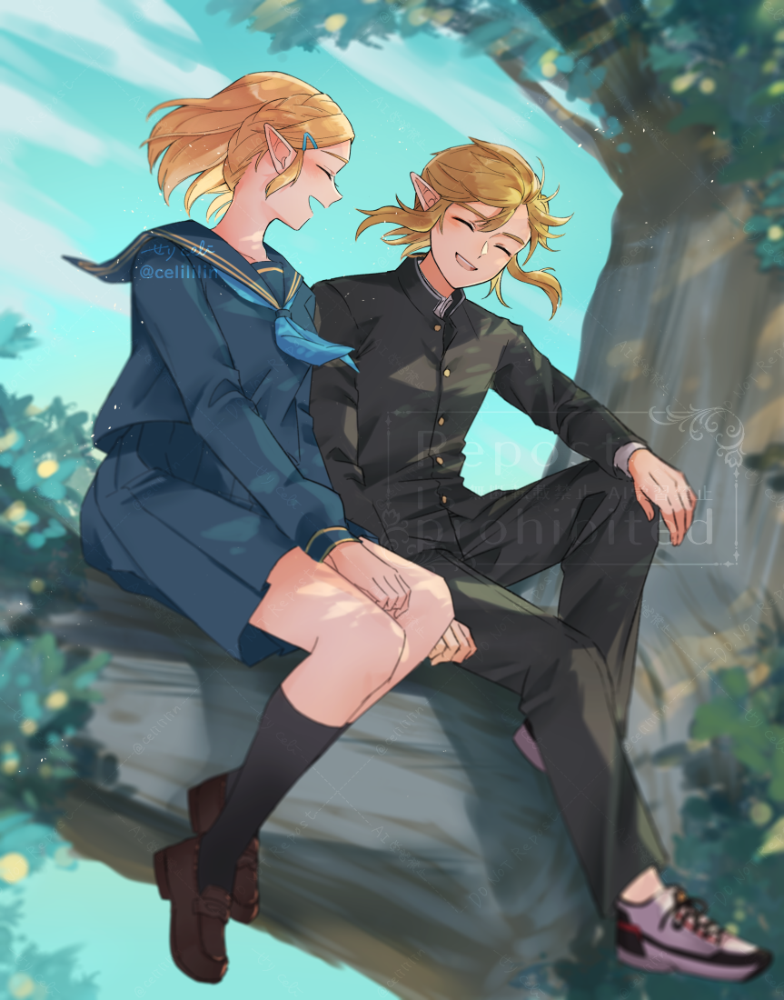 1boy 1girl black_jacket black_pants black_socks blonde_hair blue_neckerchief blue_sailor_collar blue_serafuku blue_shirt blue_skirt blue_sky braid branch brown_shoes closed_eyes contemporary crown_braid gakuran hair_ornament hairpin in_tree jacket leaf link long_sidelocks low_ponytail medium_hair neckerchief nintendo outdoors pants pleated_skirt pointy_ears ponytail princess_zelda sailor_collar school_uniform serafuku seri_(yuukasakura) shirt shoes sidelocks sitting sitting_in_tree sitting_on_branch skirt sky smile socks the_legend_of_zelda the_legend_of_zelda:_tears_of_the_kingdom tree white_shoes