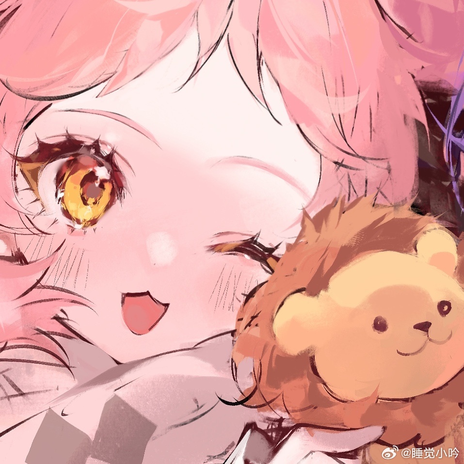1girl character_request chinese_commentary commentary_request copyright_request double_bun eyelashes hair_bun holding holding_stuffed_toy light_blush looking_ahead open_mouth pink_hair portrait short_hair smile solo stuffed_animal stuffed_lion stuffed_toy watermark weibo_watermark yellow_eyes zi_yin