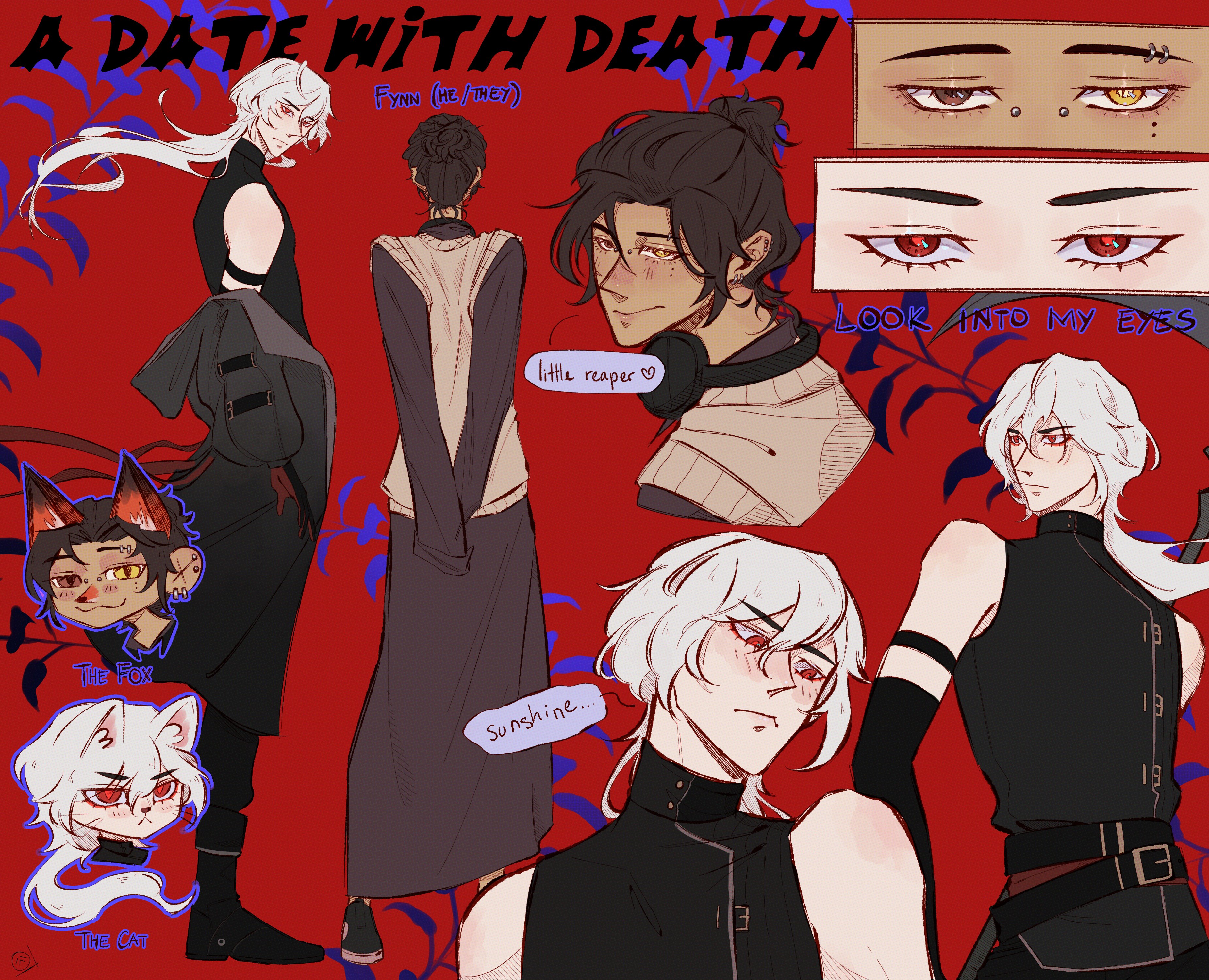 2boys :< :3 a_date_with_death absurdres animal_ears belt black_boots black_gloves blush boots brown_eyes brown_hair brown_shirt casper_(a_date_with_death) chibi chibi_inset colored_speech_bubble dog_ears double-parted_bangs earrings elbow_gloves eyebrow_piercing face_piercing fox_ears full_body gloves hair_between_eyes hair_bun hair_flowing_over head_tilt headphones headphones_around_neck heterochromia highres hoop_earrings jacket jacket_on_shoulders jewelry light_blush long_hair long_skirt looking_at_another multiple_belts multiple_boys multiple_views nose_blush outline piercing plant purple_outline red_background red_eyes sadlad03 shirt single_elbow_glove skirt sleeveless sleeveless_turtleneck slit_pupils speech_bubble sweater_vest turtleneck white_hair yellow_eyes zooming_in