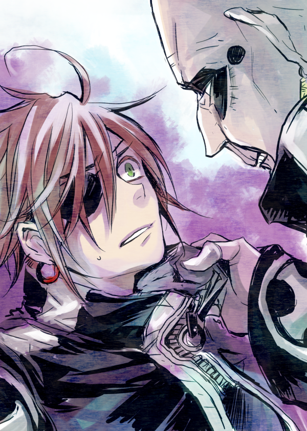 2boys ahoge bald black_eyeshadow black_jacket black_order_uniform blue_background bookman clothes_grab collar_grab collared_jacket cross d.gray-man earrings eyepatch eyeshadow floating_earrings front_zipper green_eyes hair_between_eyes hoop_earrings jacket jewelry lavi looking_at_another makeup male_focus mature_male messy_hair mole multiple_boys n_ptm neckwear_grab old old_man one_eye_covered parted_lips profile purple_background red_hair short_hair sidelocks striped_clothes striped_jacket sweat sweatdrop two-tone_background vertical-striped_clothes vertical-striped_jacket wrinkled_skin zipper